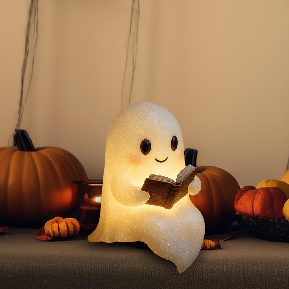 Cute Ghost Reading Book Lamp Halloween Decor LED Night Light for Study Home