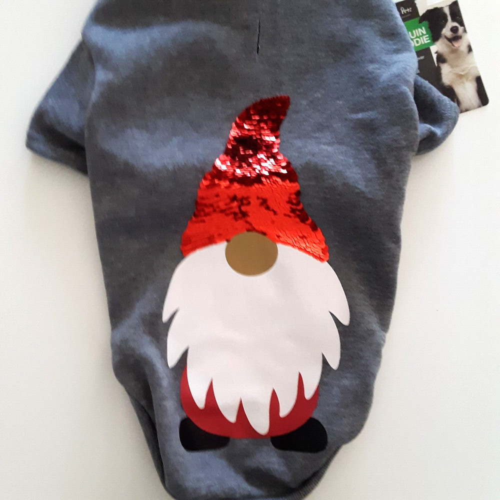 Unique Petz Size M Christmas Gnome Hoodie Pullover Jacket Gray Red Sequin