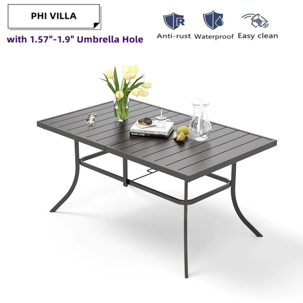 Patio Dining Table for 6 Person Outdoor Table with Umbrella Hole Rectangular