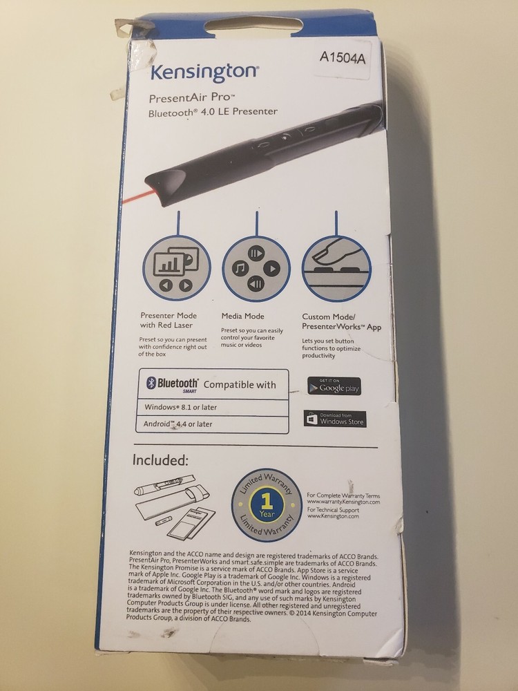 Kensington PresentAir Pro Bluetooth Wireless Presenter LaserPointer Media Contol