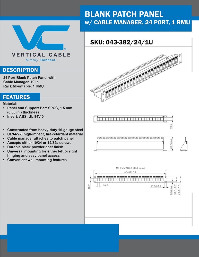 Vertical Cable 24 Port Blank Patch Panel - 1U