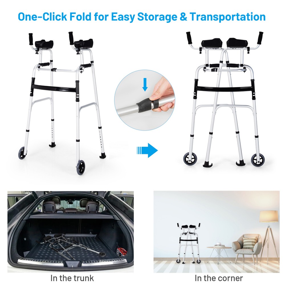 Folding Aluminum Alloy Wheel Walking Frame Adjustable Walker W/Armrest Support