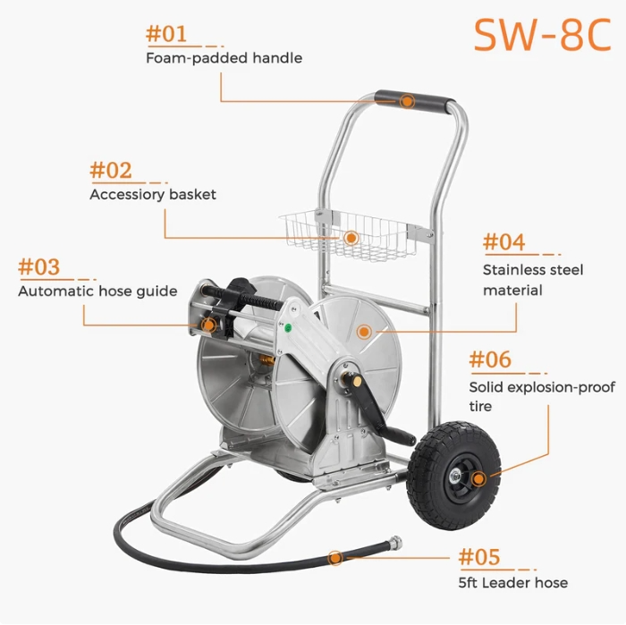 Giraffe Tools Garden Hose Reel Cart with Wheels, Stainless Steel