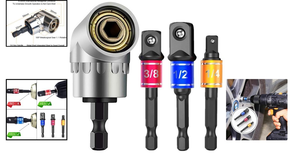 Innovative 3Pcs Impact Grade Hand Tool Adapter Set with Right Angle Extension