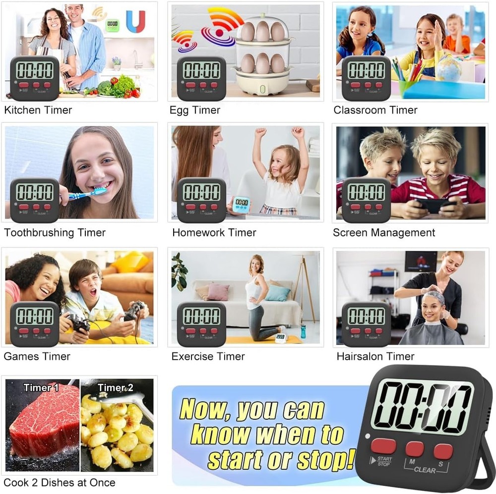 2 Pack Digital Timer for Kids, Magnetic Countdown Kitchen Timers for Cooking,...