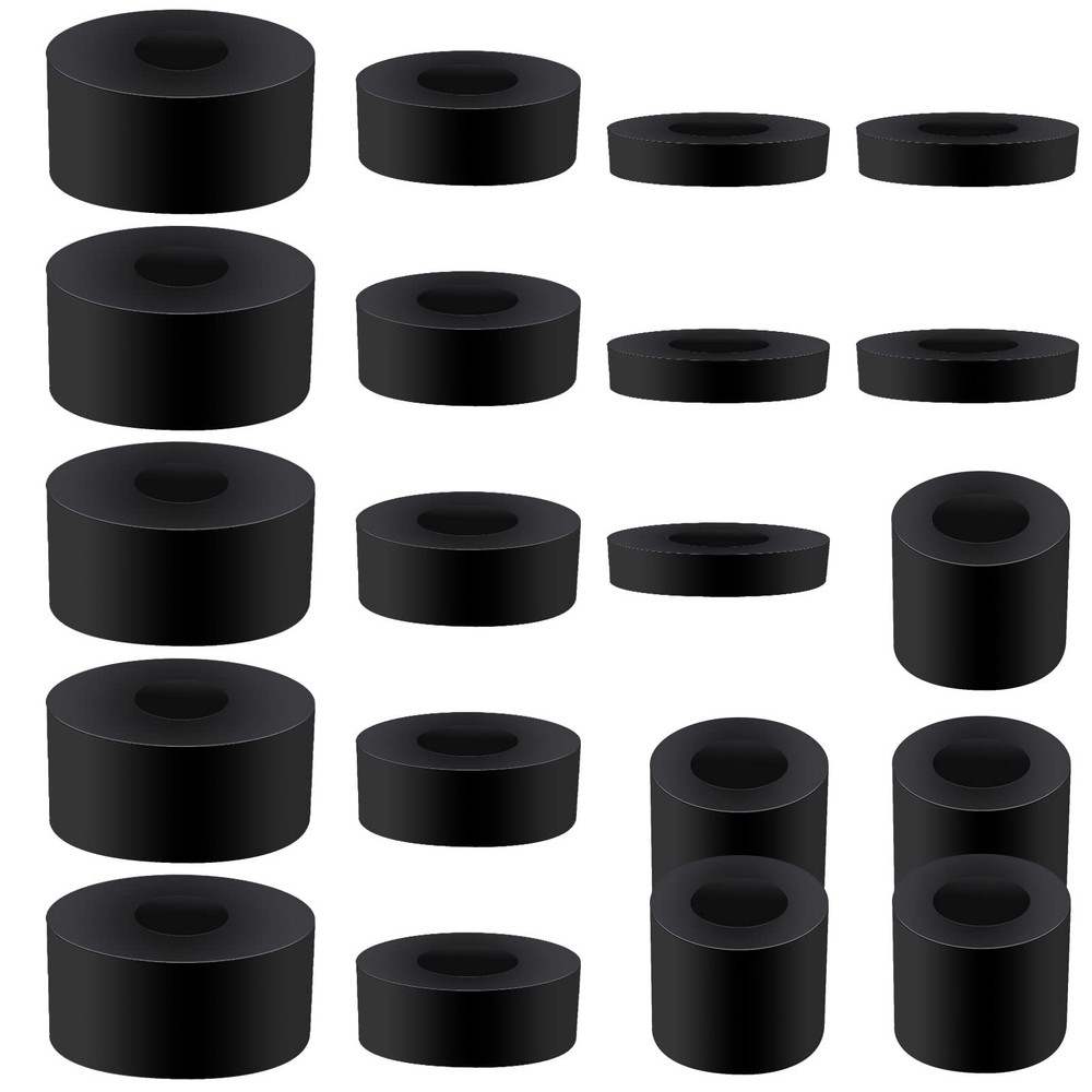 20 Pack Thick Rubber Washers - Round & Flat Spacers, 4 Sizes, Black