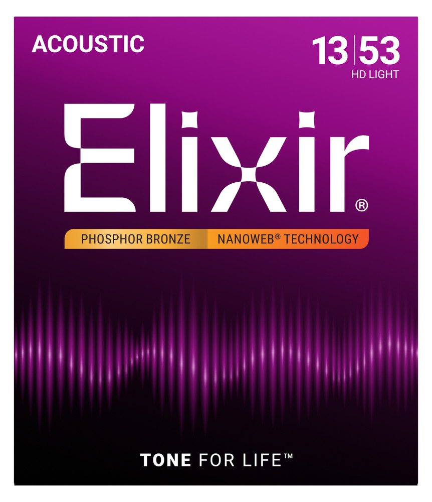 Elixir 16182 Coated Phosphor Bronze Acoustic Guitar Strings; HD Light 13-53