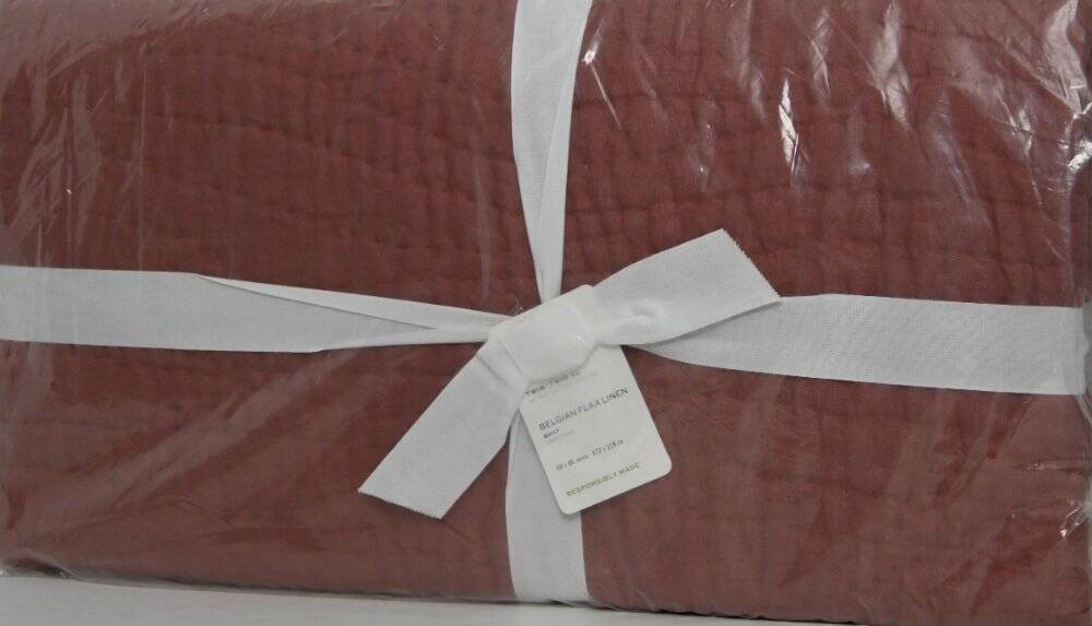 Pottery Barn Belgian Flax Linen Handcrafted Quilt, Twin & 2 Shams Rosewood NWT
