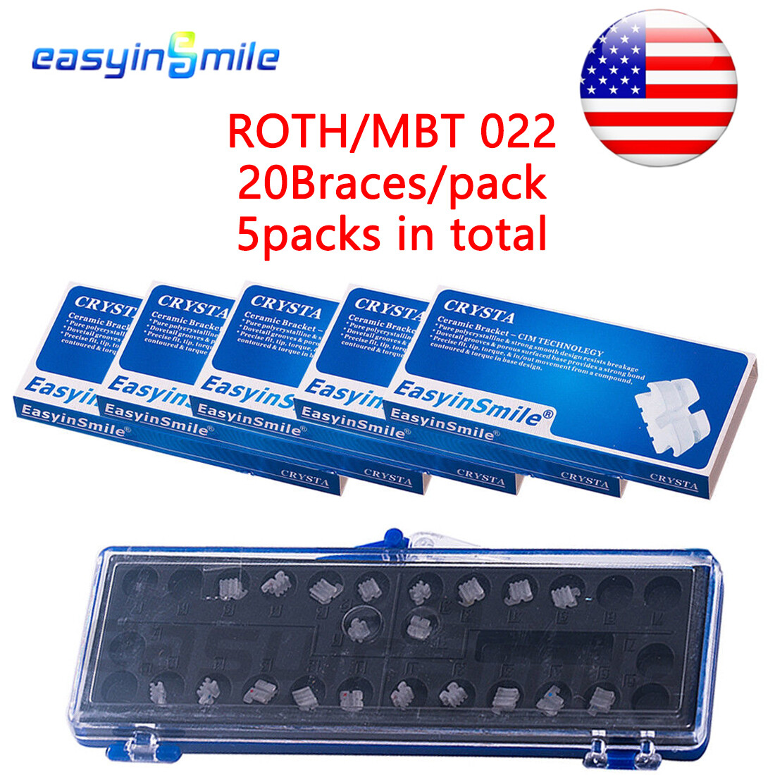 5PK Dental Ceramic Brackets Orthodontic Mini Clear Braces MBT/ROTH 022 345 Hooks