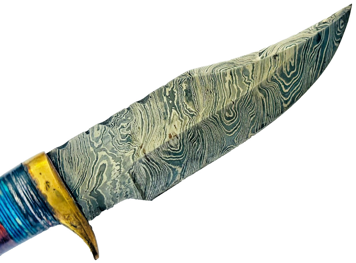 Vintage Stag Handle Fixed Blade Knife Damascus Blade Knives & Leather Sheath