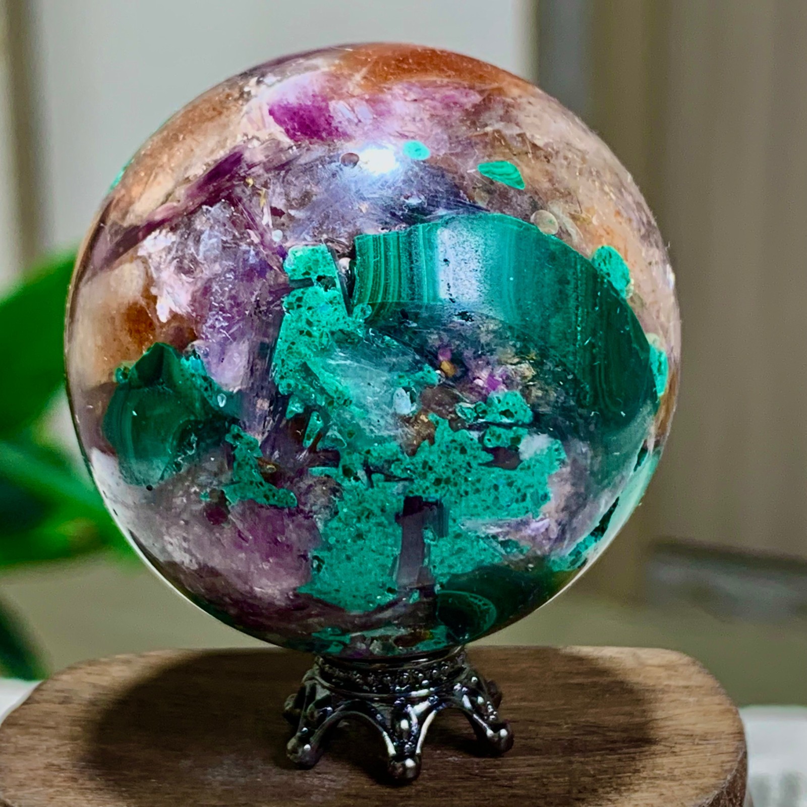 117G Newly discovered rare malachite purple mica symbiotic sphere restoration