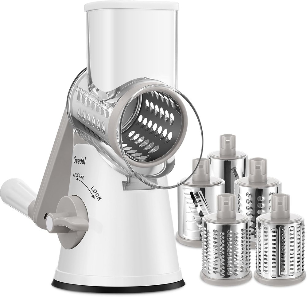 Rotating cheese grater with 5 interchangeable blades—
