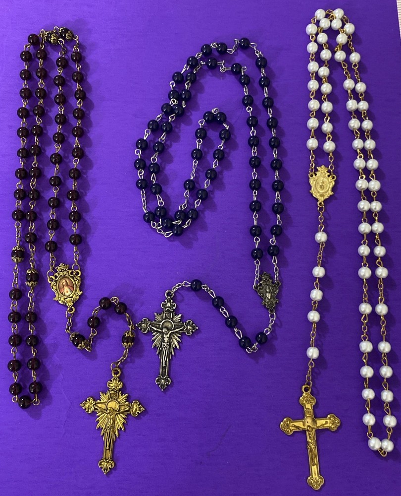 Lot of  3 Vintage Glass Rosaries, Assorted, Religious, Christianity, Jesus