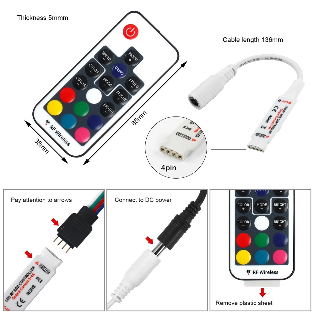 VIPMOON 17-Key RF Wireless Remote LED Controller, DC 5V-24V 12A Mini 4-Pin RG...