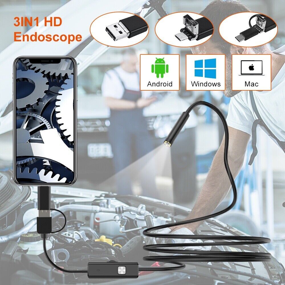 USB IP67 Endoscope Snake Inspect Borescope Camera for Android 3-IN-1 7.0mm 1M US