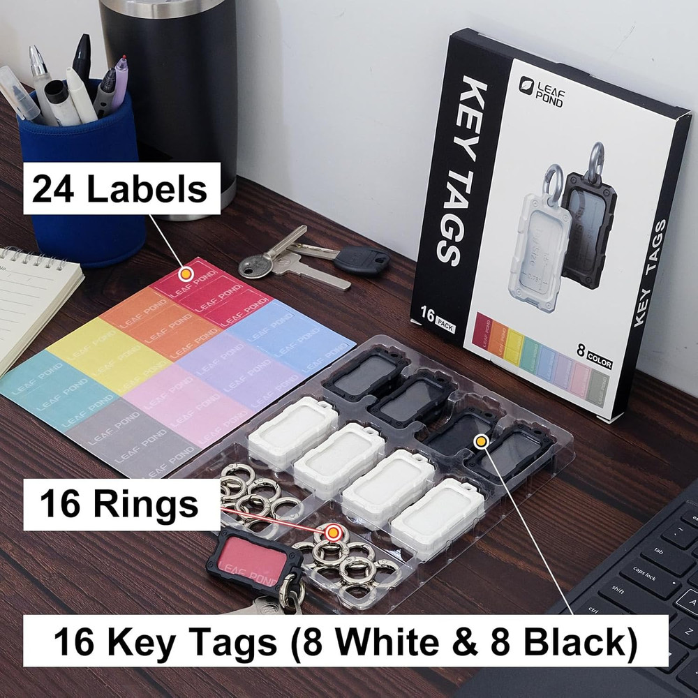 16 Pack Solid Plastic Key Tags with Rings, Heavy Duty Bulk Keychain Identifiers,