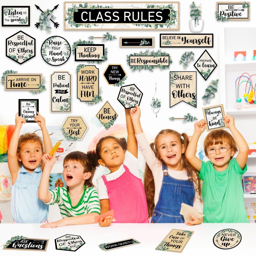Class Rules Bulletin Board Decorations Eucalyptus Classroom Rules Motivationa...