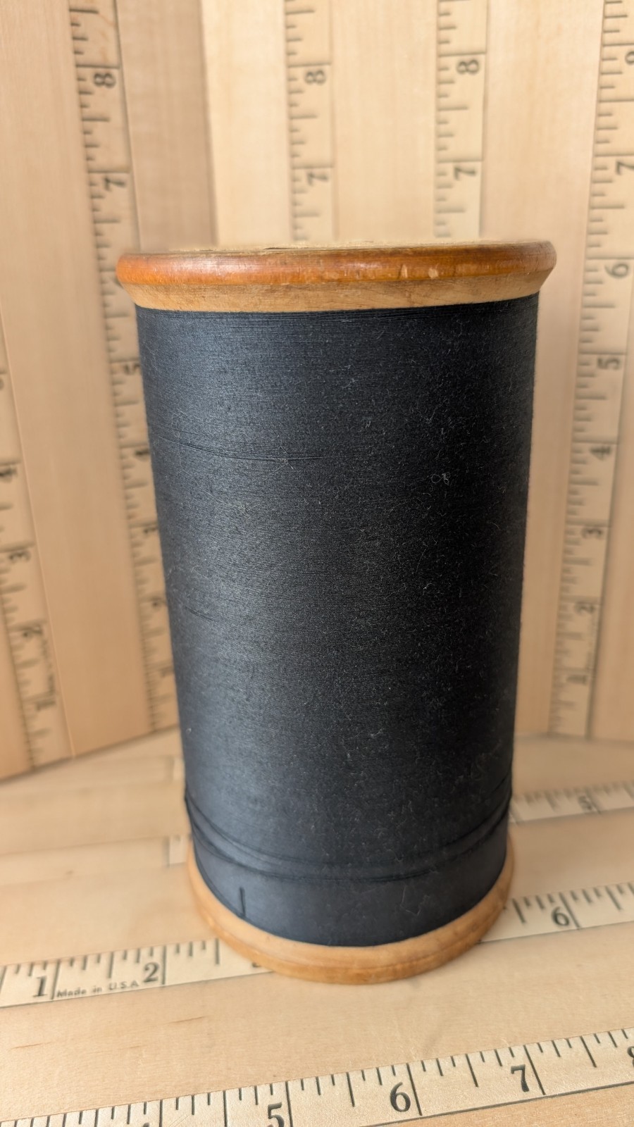 Antique Giant Spool of Thin Thread Wood Spool Black Colored Thread 6" Tall X3.5"