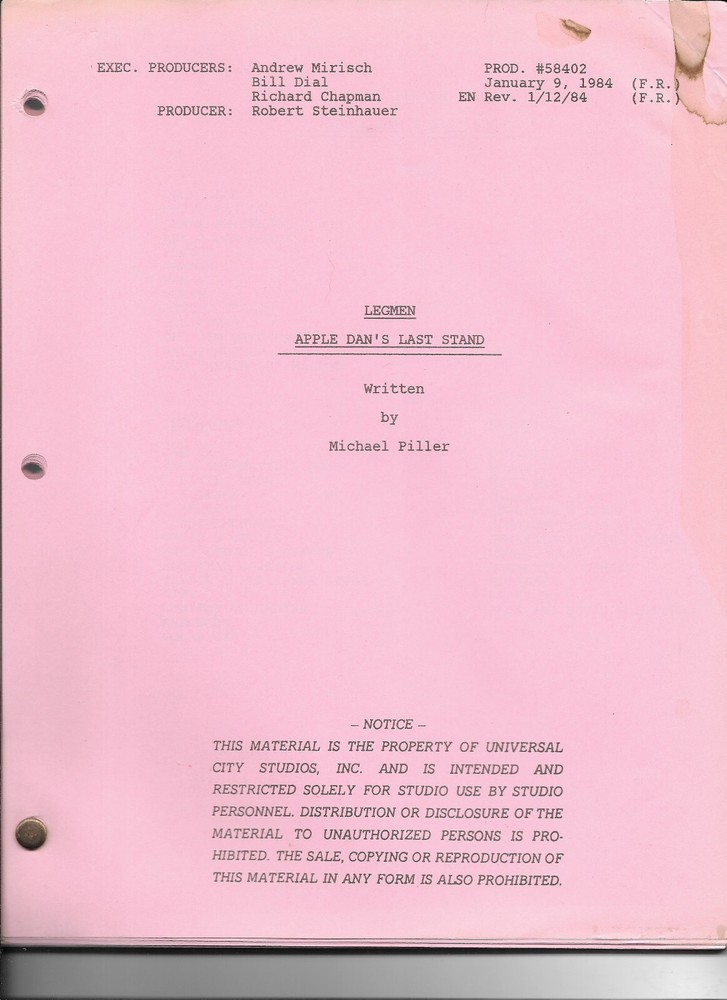LEGMEN original television script "Apple Dan's Last Stand"