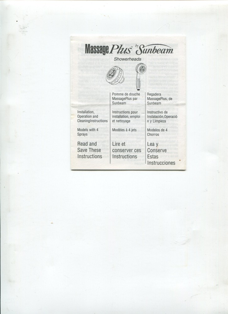 Sunbeam Massage Plus Showerhead user manual