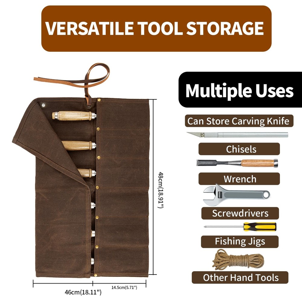 Chisel Roll,6 Pockets Roll Up Tool Pouch,Waxed Canvas Small brown