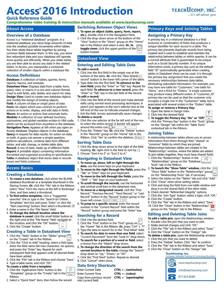 Access 2016 Training Guide Quick Reference Card 2 Page Cheat Sheet Instructions