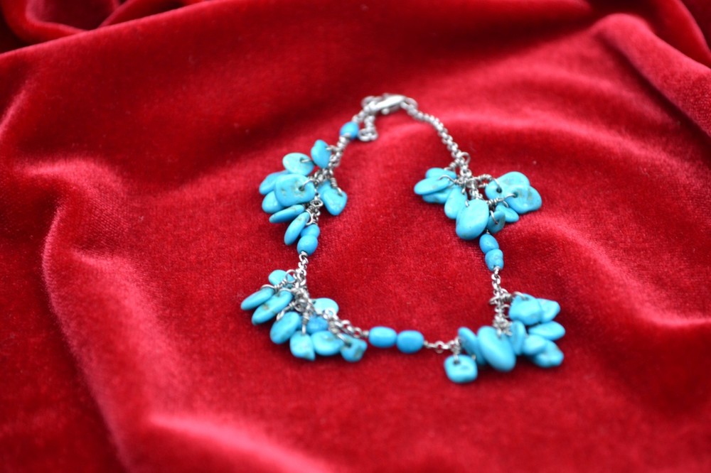 Bracelet Signed GS 925 Dangle Turquoise Stones