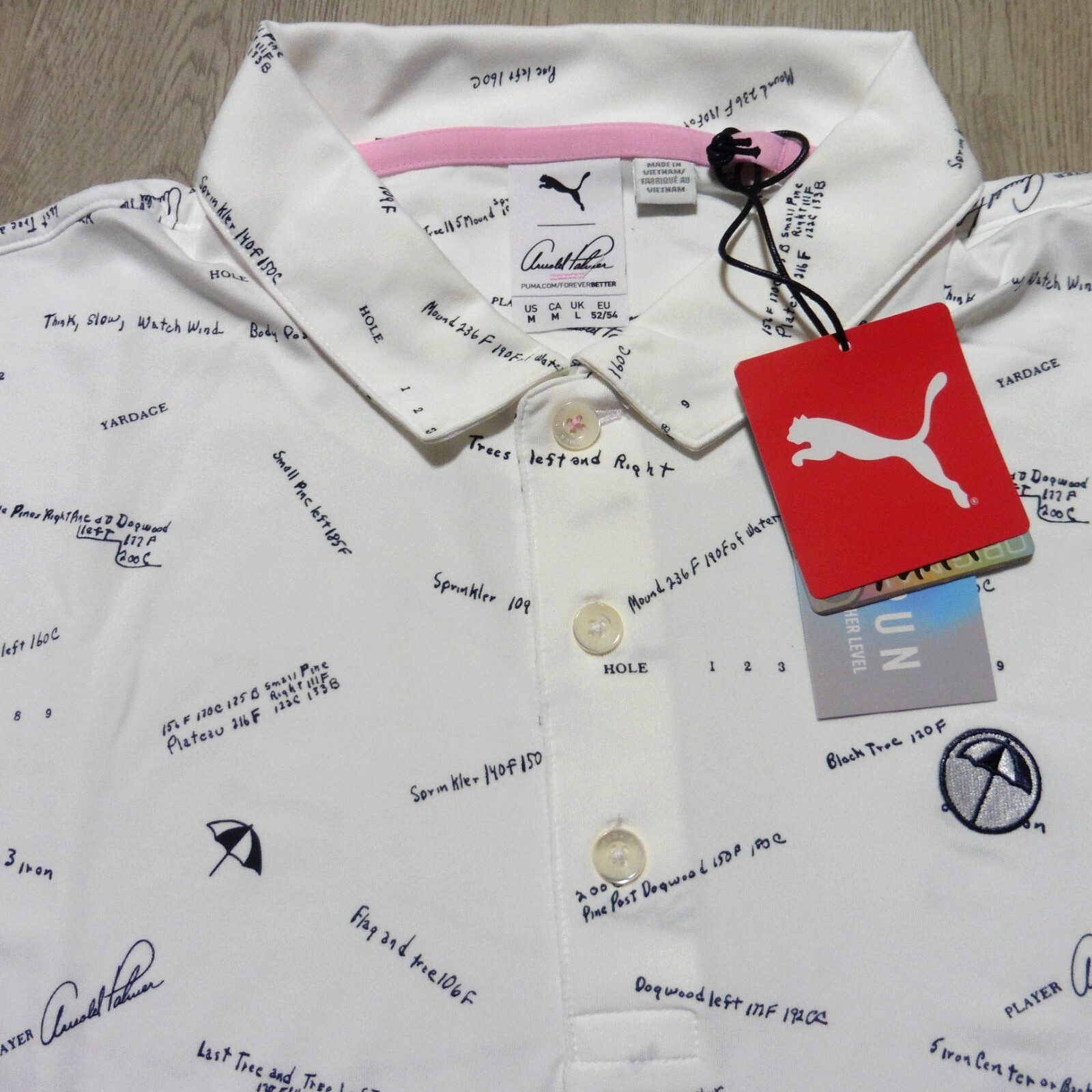 PUMA ARNOLD PALMER Mens M MEDIUM POLO SHIRT AP SCORECARD WHITE NAVY BLUE GOLF