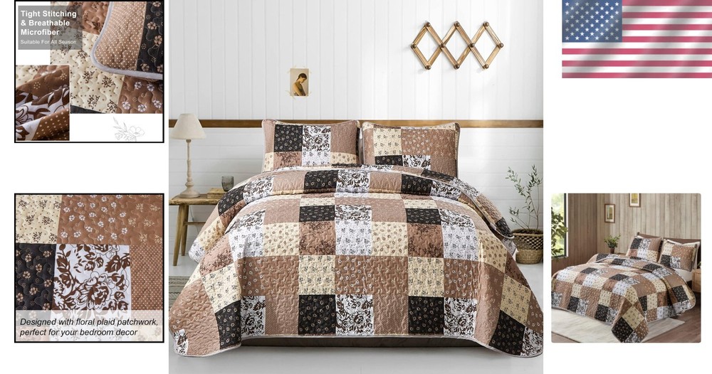 Luxurious Khaki Patchwork Quilt Set - King Size, Reversible & Machine Washable