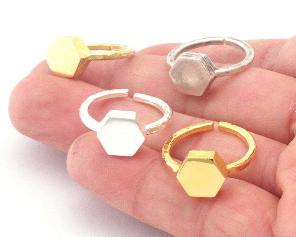 Hexagonal Brushed Edge Ring Adjustable Silver,Raw Brass,Shiny gold-silver 4687