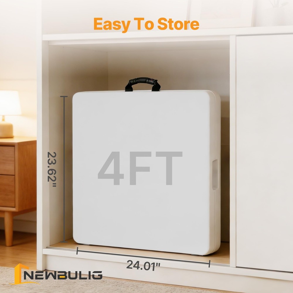 NEWBULIG 4 FT Folding Table Plastic Portable Fold-in-Half 4 FT, White