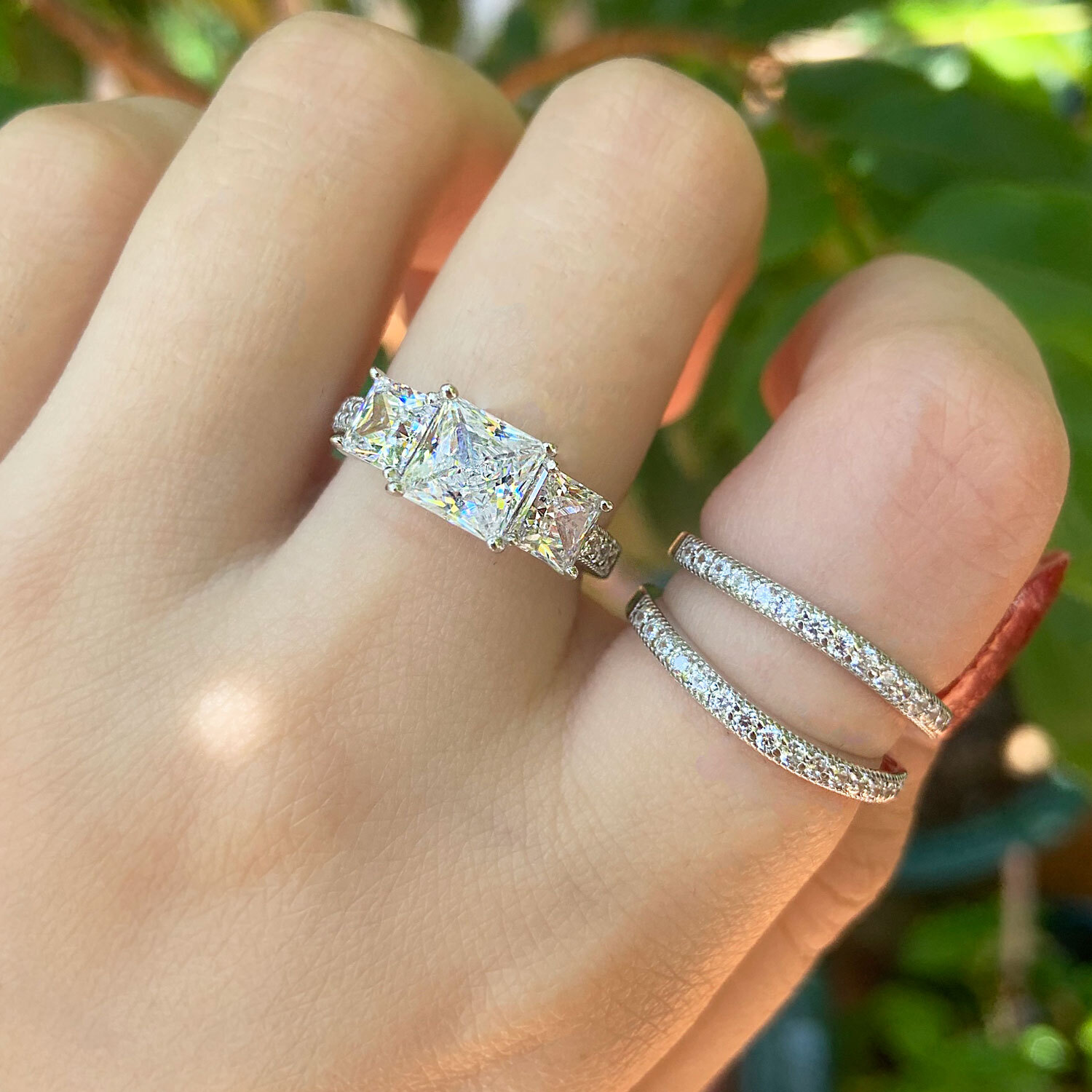 Estate 3 Stone Ring Set for Women Engagement Wedding Ring Set Sterling Silver CZ