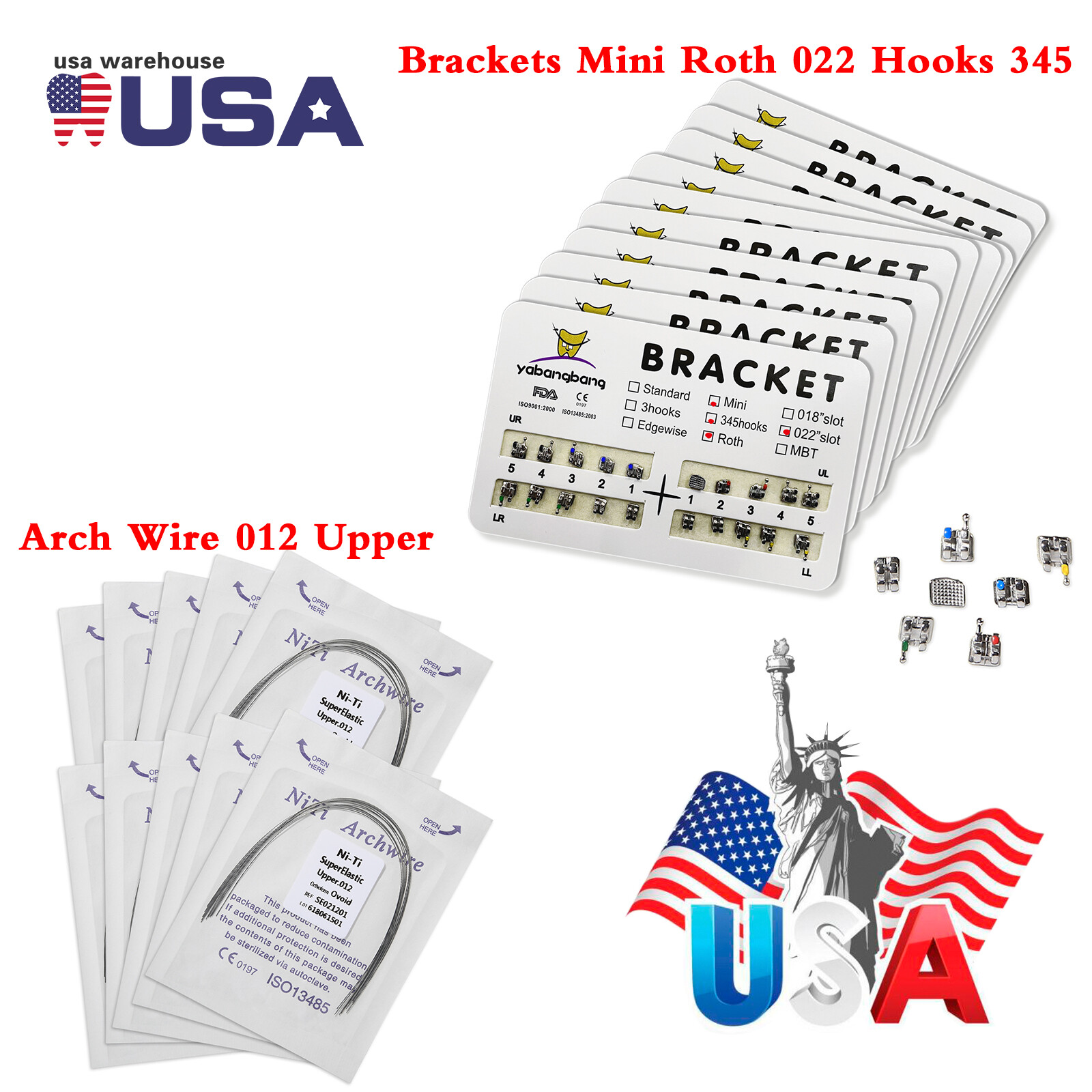 Dental Orthodontic Bracket Braces Roth/MBT 345 Hooks /Super Arch Wire Niti Round
