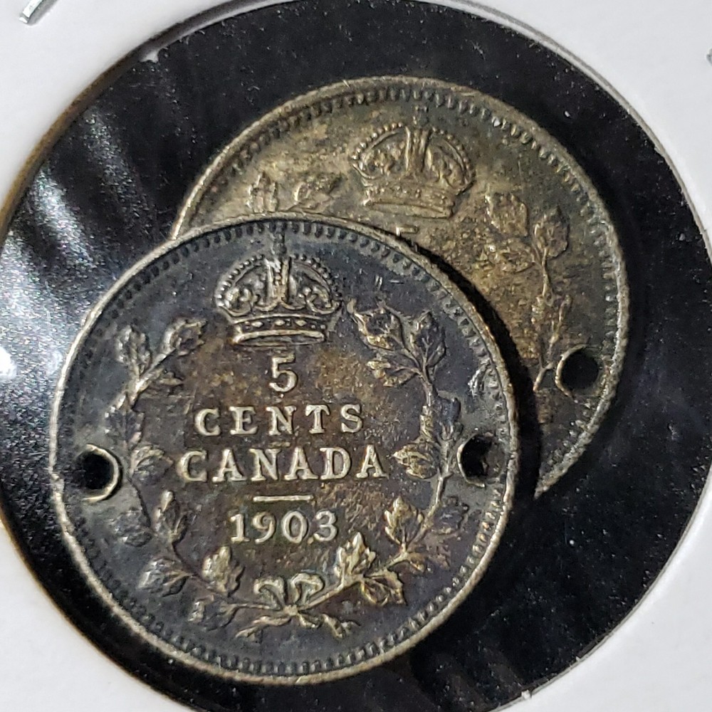 (2) Silver Canada 5 Cent Coins 1903 Holed, 1967 Holed
