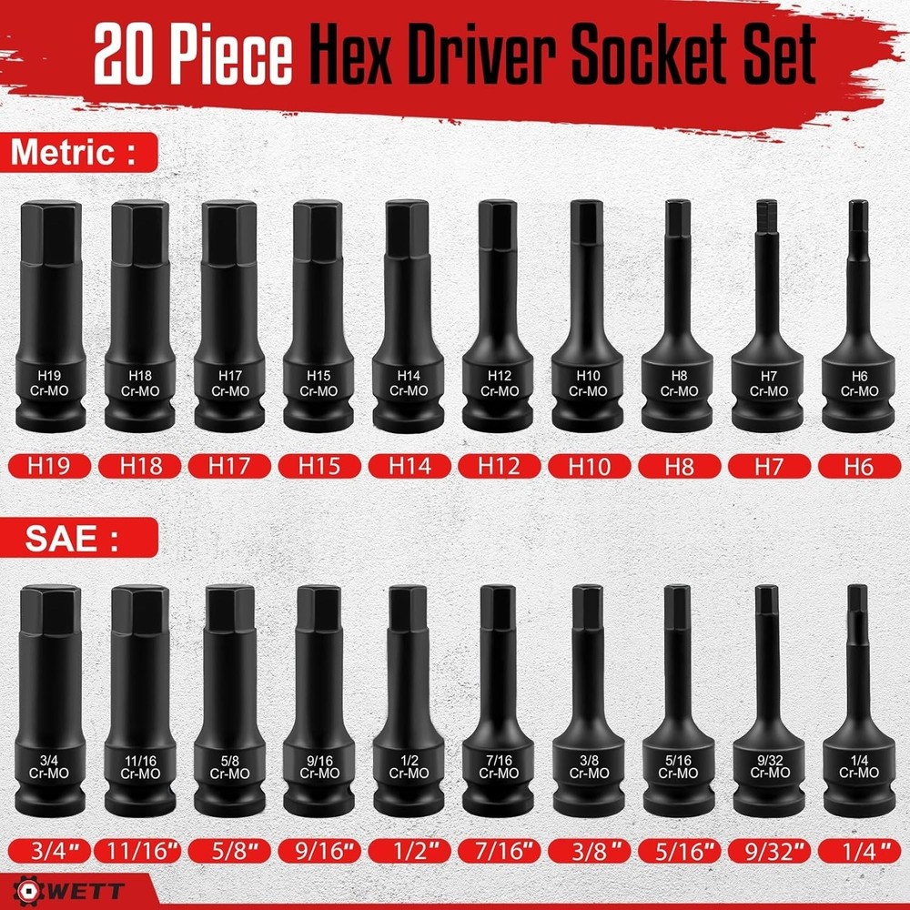1/2" Drive Master Impact Hex Bit Set, 20 Piece Hex Driver Socket Set, Allen Bit