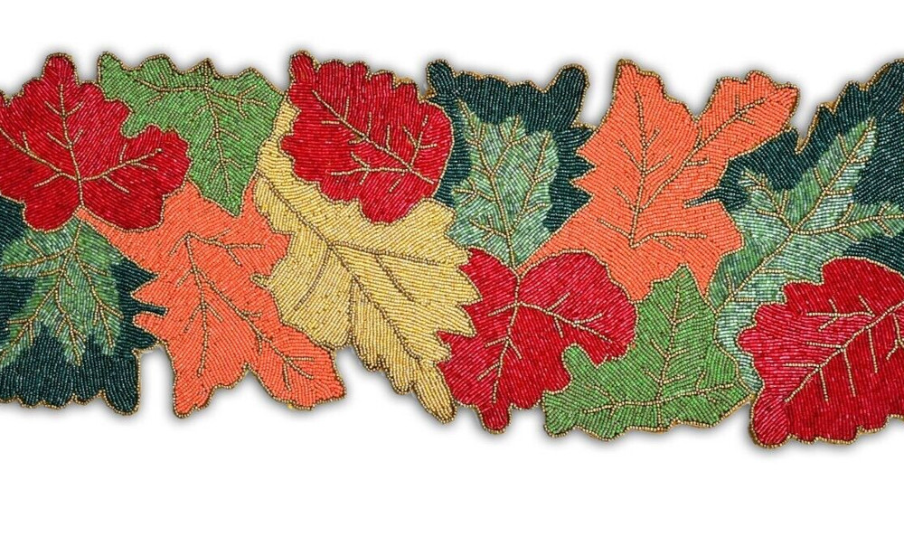 Multicolor Leaves Table Runner Beaded Fall Table Runner Autumn Tableware 13X36In