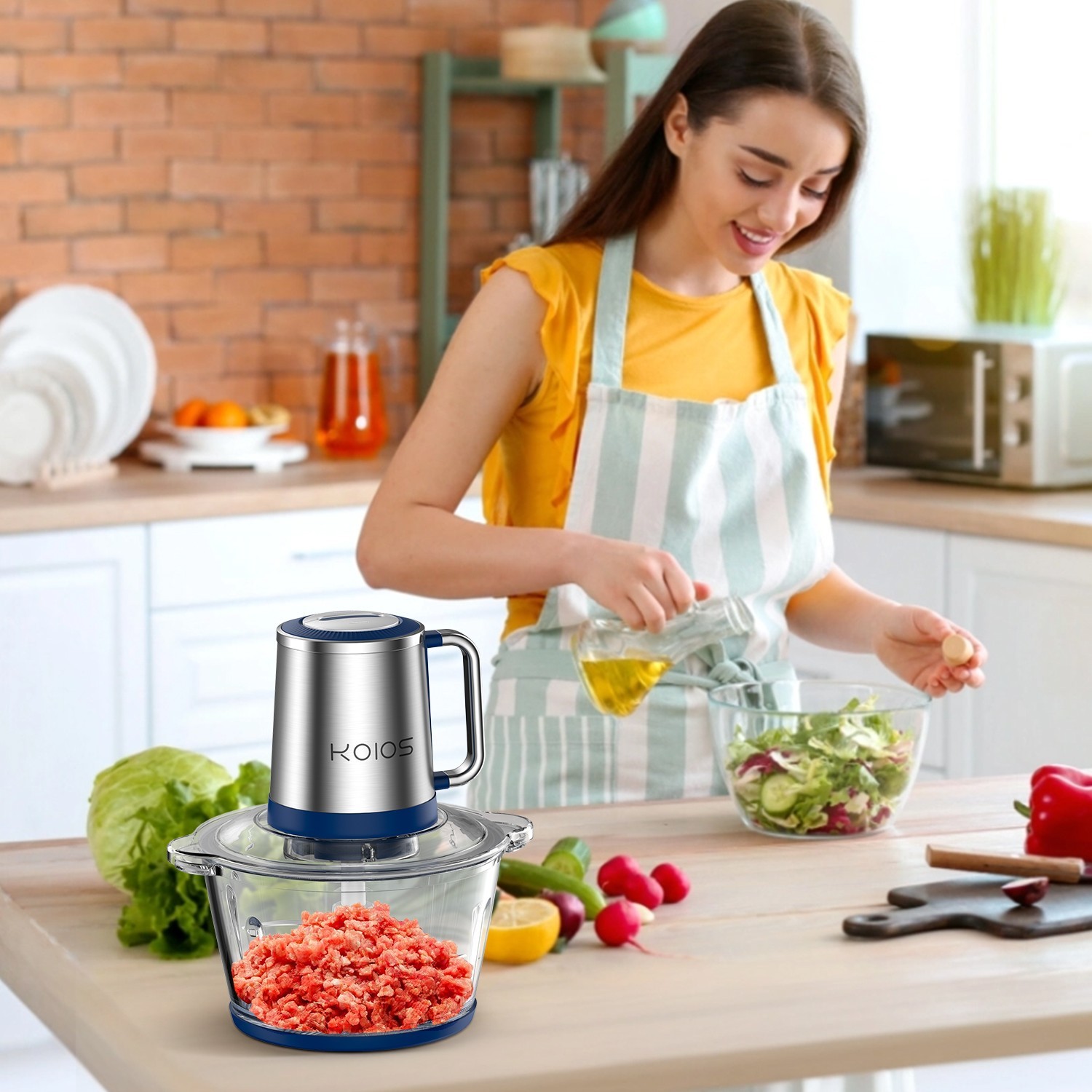 KOIOS Electric Food Processors Chopper w/8 Cup Glass Bowl Stainless Steel Blade