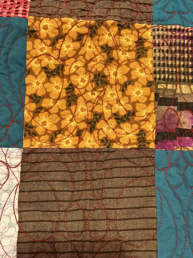 Handmade Patchwork Quilt Throw 41”X37” Red, maroon, floral