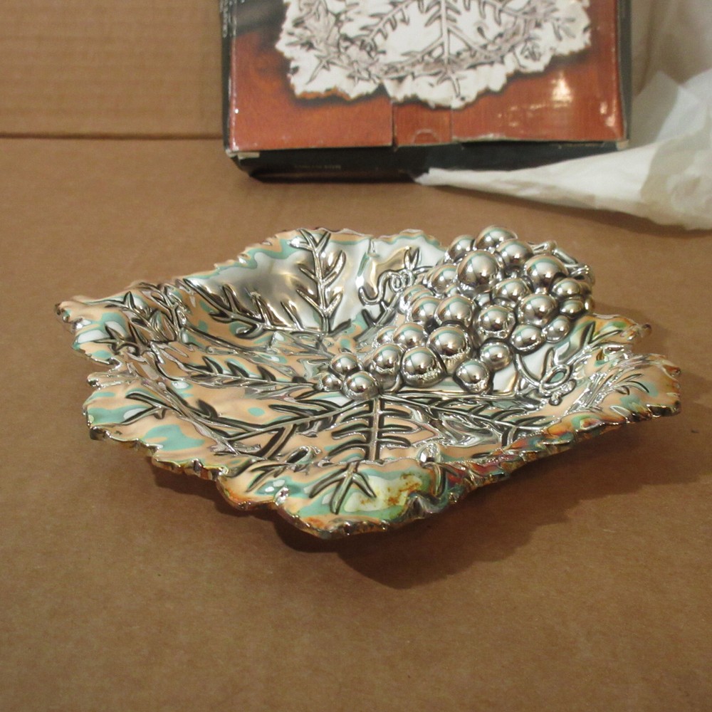 Vtg NOS w/Box GODINGER Silver Plate Candy Dish Grape Cluster & Leaf Design 7"×7"
