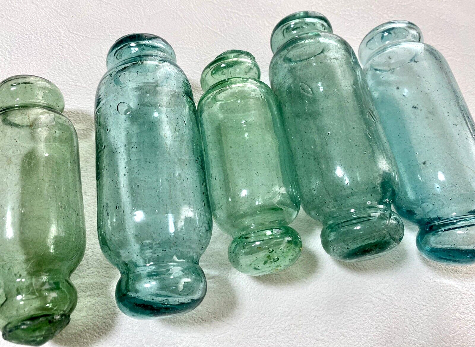 Set of 5 Japanese Glass Floats Antique Blue and Green Rolling Pin Fishing Decor