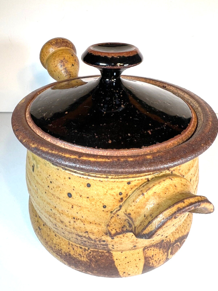 Craftsman Made Glazed Stoneware Handled Pot with Lid Glazed interior