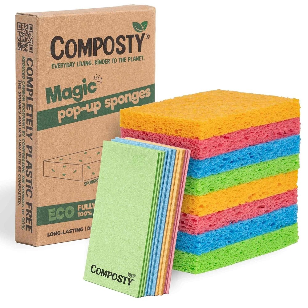 Eco-Friendly 12-Pack Pop-Up Compostable Kitchen Sponges, Non-Scratch & Biodeg...