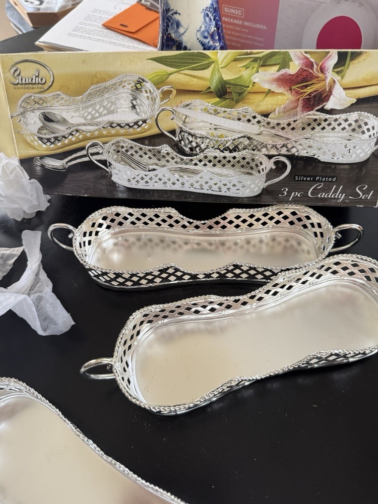 3pc Set of Vintage Studio Silversmiths Silver Plated Utensil Caddies NIB