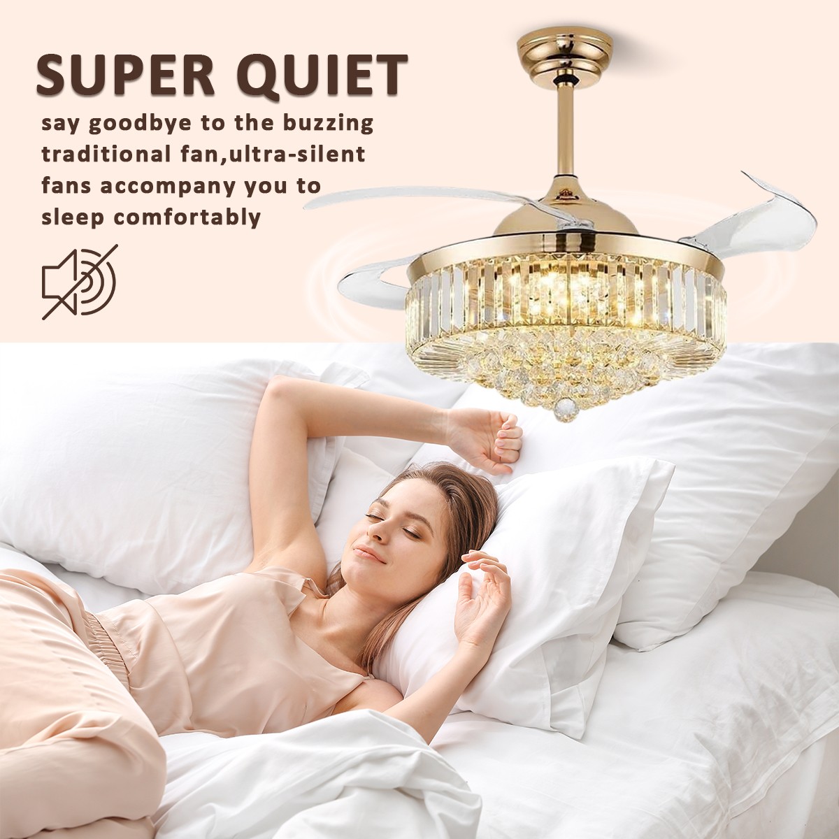 42" Modern Crystal Indoor Ceiling Fan Chandelier w/ Light and Remote Reversible