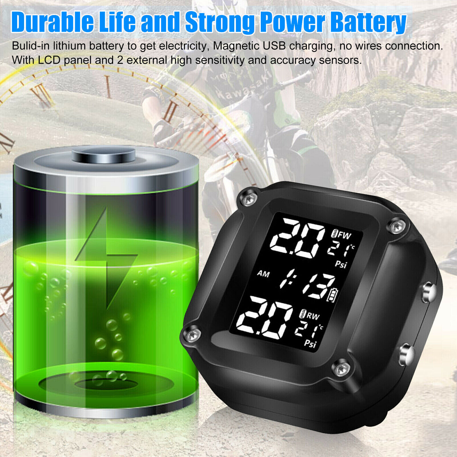 Wireless Motorcycle TPMS Tire Tyre Pressure Monitor System + 2 External Sensors