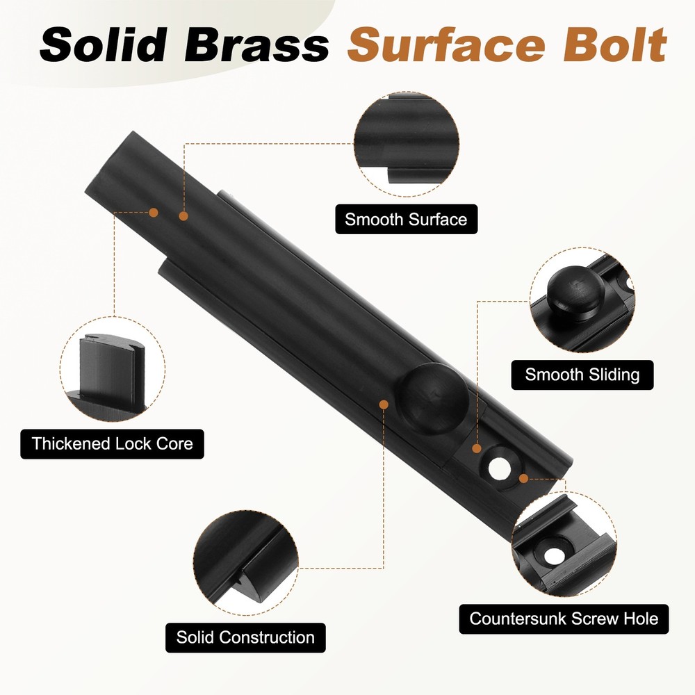 2Pcs 4" Solid Brass Surface Bolt, Polished Slide Latch Door Lock, Matt Black