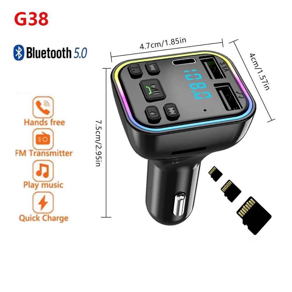 Bluetooth Car Wireless FM Transmitter Adapter 2USB PD Charger AUX Hands-Free