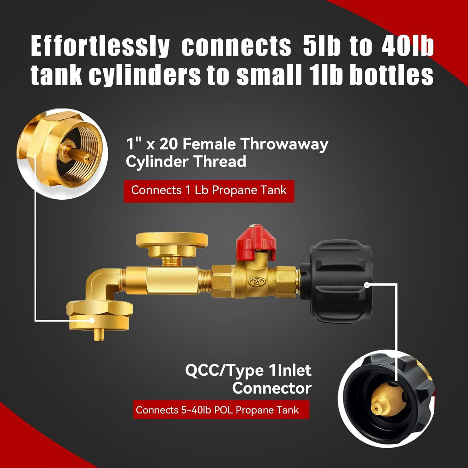 Propane Refill Adapter 20lb to 1lb, 90° Elbow, ON/OFF Valve & Gauge, Leak-Proof