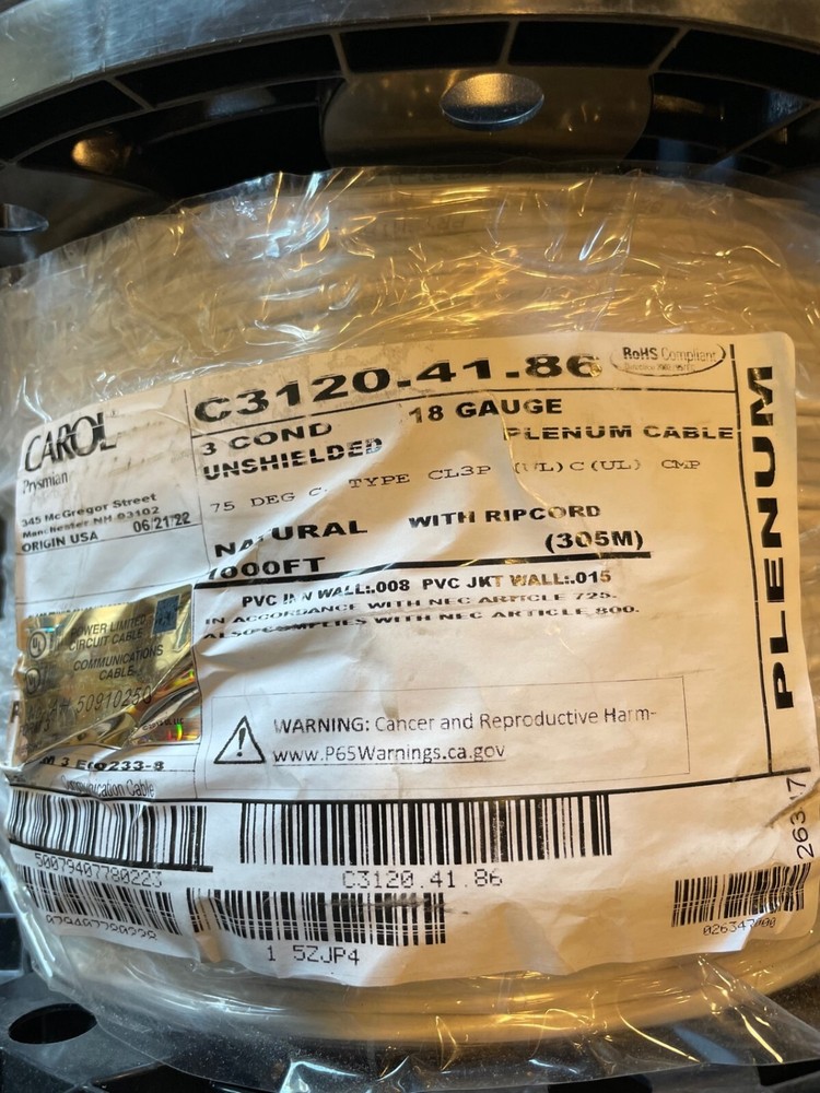 CAROL C3120.41.86 Data Cable,Plenum,3Wire,1000ft