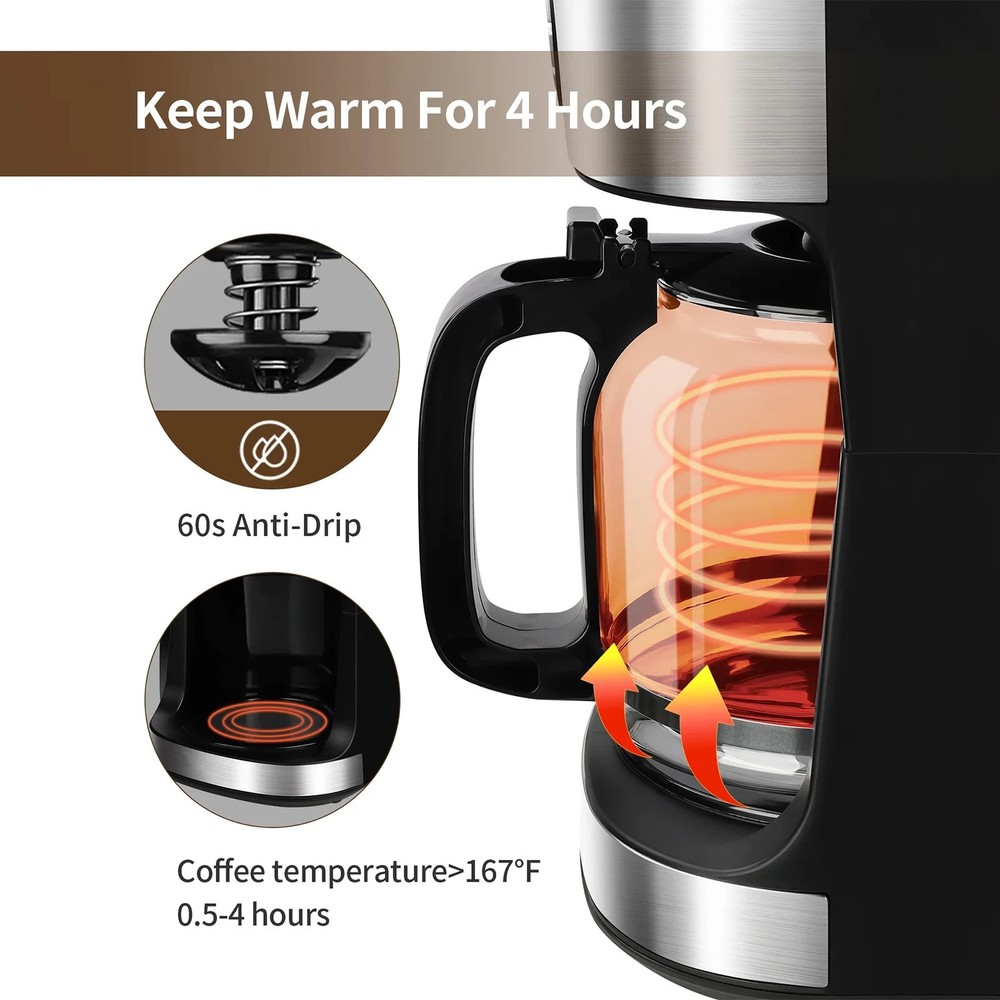 TEGLU Coffee Maker with Grinder 12 Cups,Programmable Grind & Brew Coffee Machine